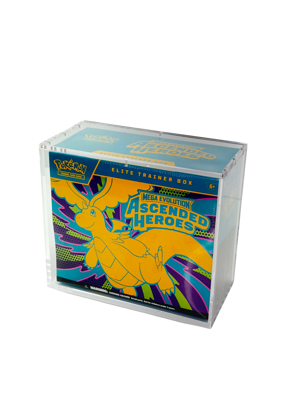 ETB acrylic display case with a Mega Evolution Ascended Heroes Elite Trainer Box inside