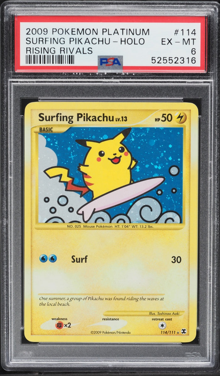 2009 Surfing Pikachu Holo #114 · Rising Rivals — PSA 6